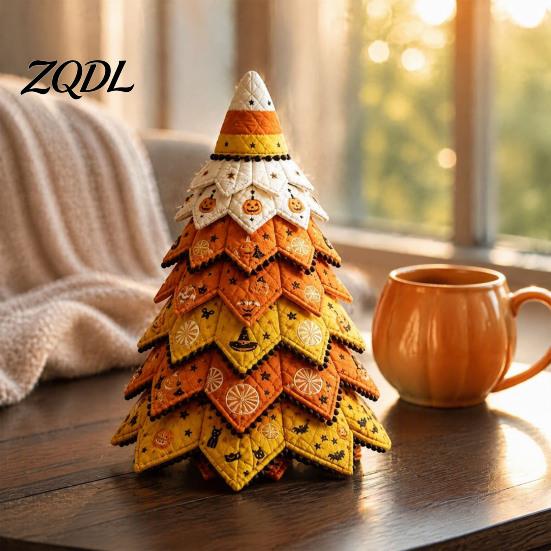 Handmade Sewing Crafts Halloween Quilted Fabric Tree Kit, Witch Cat Spider DIY Festive Desktop Displays 3D Padded Craft Project for Quilting