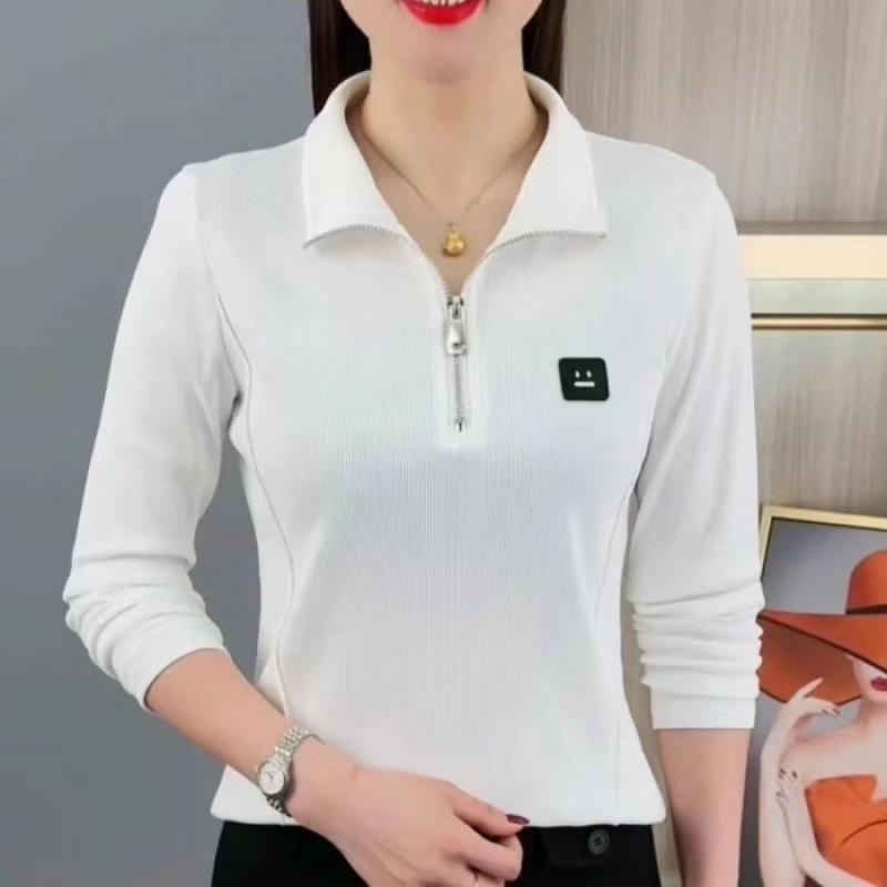 Весенне-осенняя мода Женские повседневные весенне-осенние однотонные блузки и рубашки с принтом и длинным рукавом и воротником ПОЛО