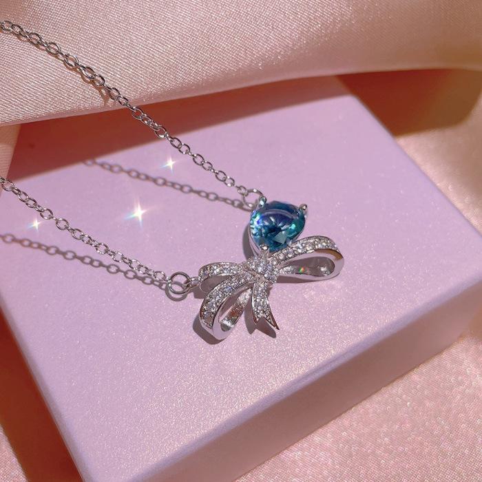 Same Jewelry Three Piece Bow Necklace Earrings Fashion Exquisite Zircon Ring