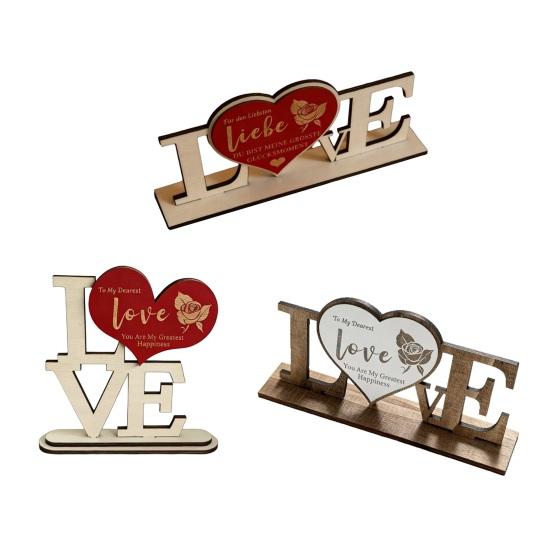 Valentine's Day Love Table Sign with Base Farmhouse Rustic Wooden Love Letter Ornament Anniversary Wedding Party Tabletop