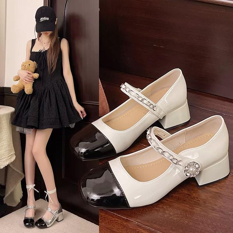 Винтажные туфли Мэри Джейн Женские туфли на высоком каблуке Маленькие кожаные туфли Жемчужный толстый каблук Одинарные туфли Женские