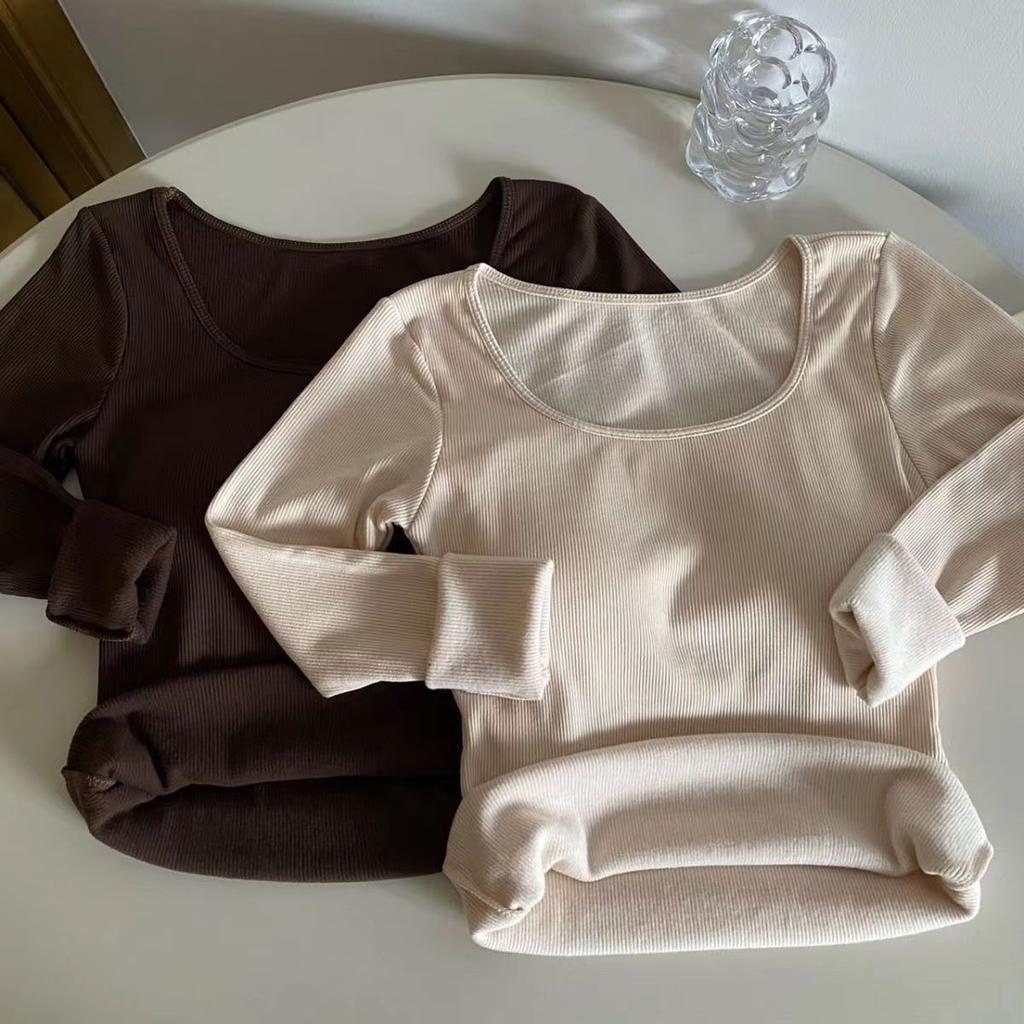 Теплая шерстяная утолщенная футболка с квадратным воротником и длинными рукавами на ключице, женская, новая осенне-зимняя, утягивающая внутри, с базовым верхом