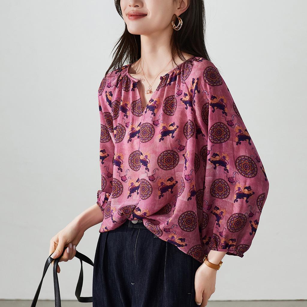 100% mulberry silk printed shirt for women's 2026 spring commuting versatile round neck silk top