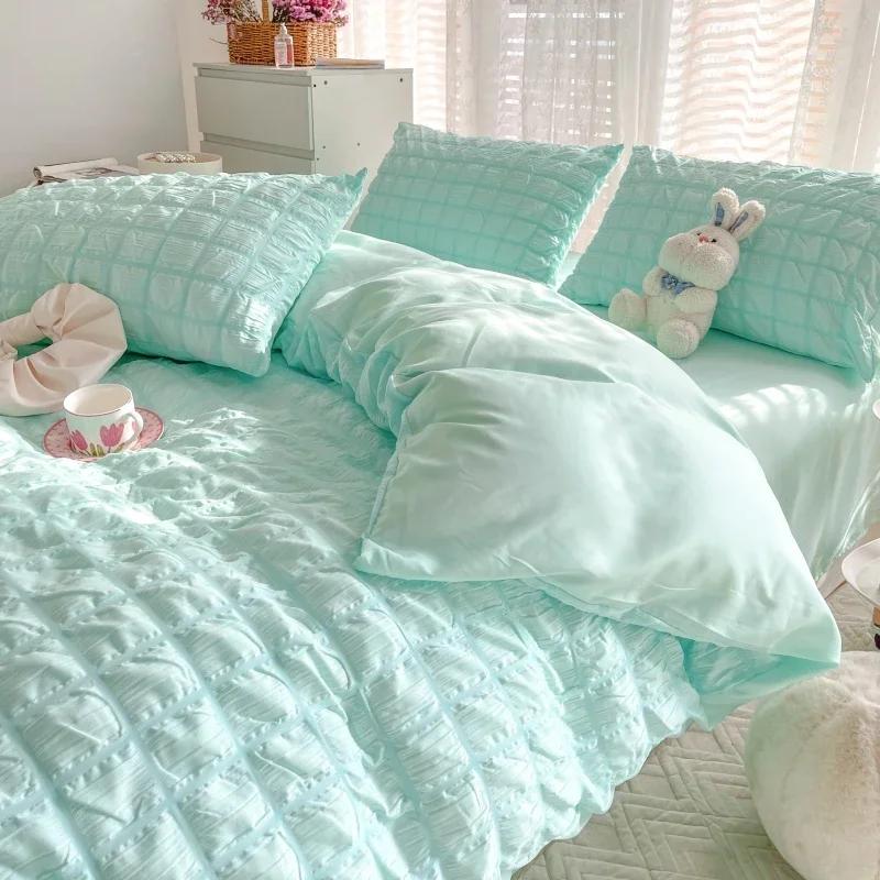 Check Bubble Fabric Bed Set Pucker Duvet Cover Pillowcase Bedding Set Bed Sheet Quilt Cover Single Queen King Size 4 Pieces Sets