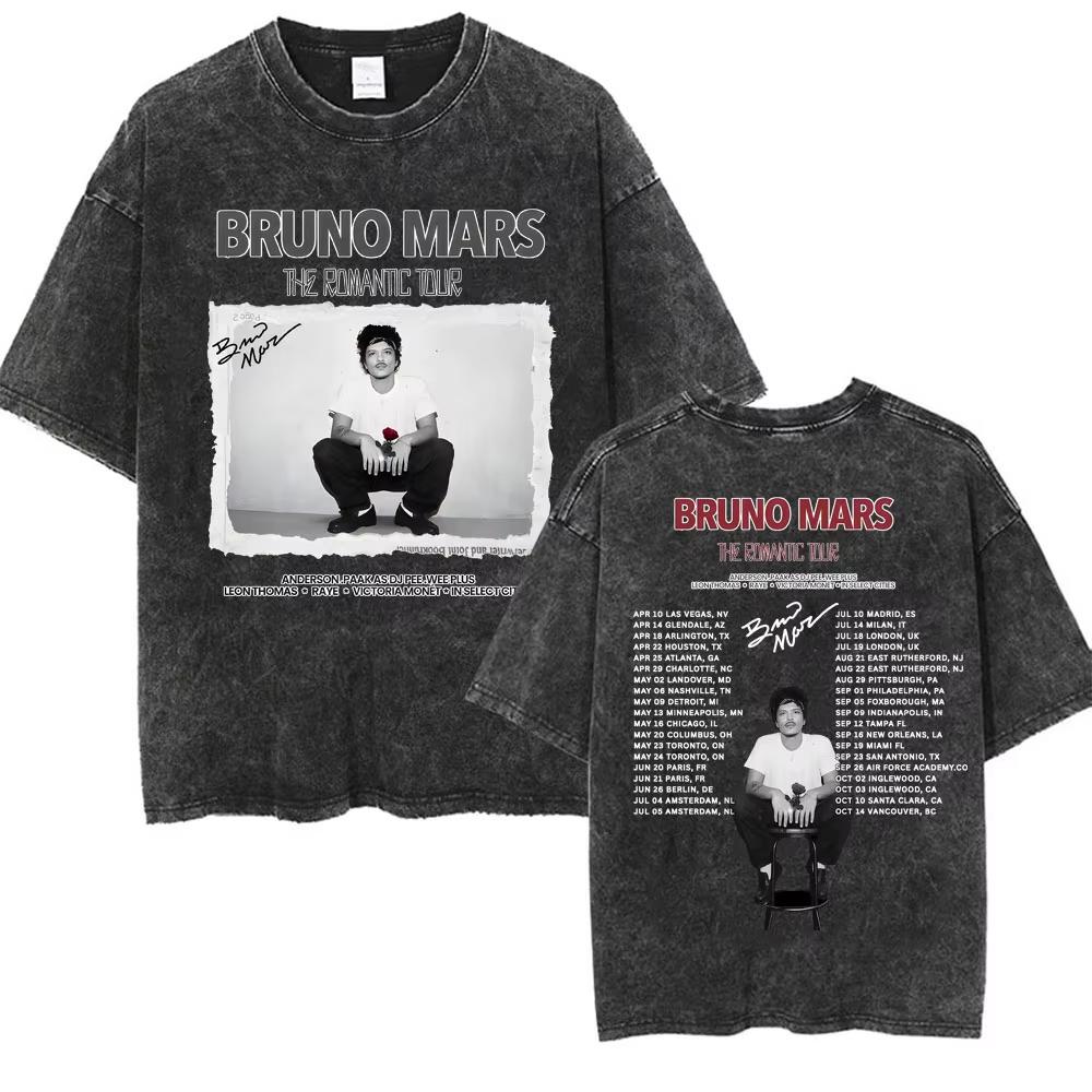 Bruno Mars The Romantic Tour 2026 Vintage Washed T Shirt Men Women Fashion Hip Hop Pop Music T-shirt Summer Casual Cotton Tshirt