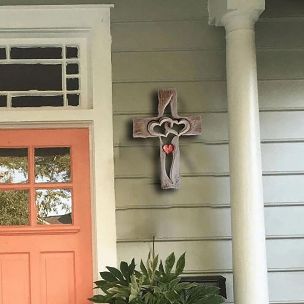 Carved Wooden Cross Intertwined Hearts Wall Hanging Hand Carved Wood Cross