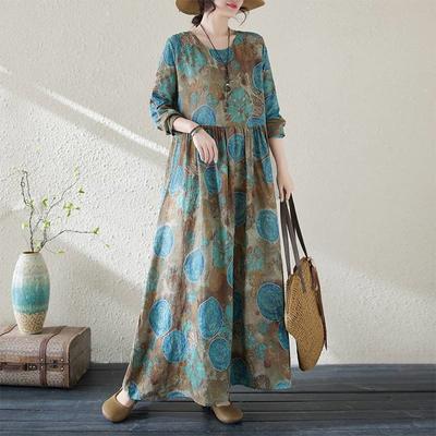 Новые цветочные праздничные платья в стиле путешествий с круглым вырезом, винтажные длинные платья из хлопка и льна, покрывающие кожу