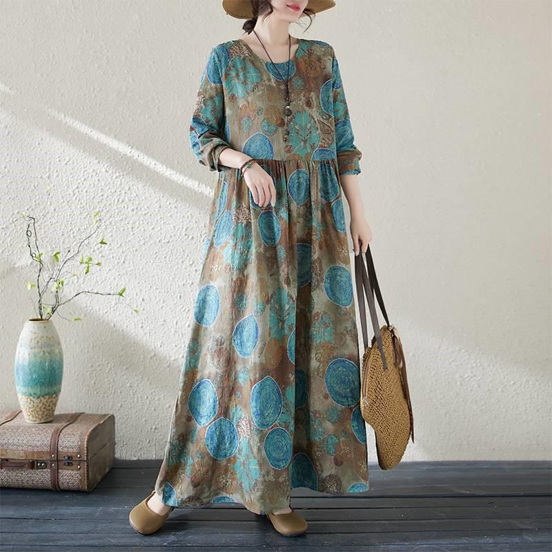 Новые цветочные праздничные платья в стиле путешествий с круглым вырезом, винтажные длинные платья из хлопка и льна, покрывающие кожу