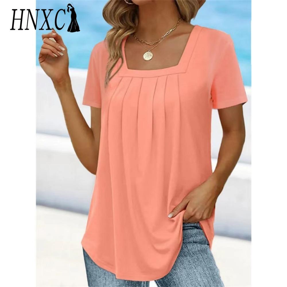 HNXC Женские модные повседневные однотонные блузки и рубашки с короткими рукавами и принтом