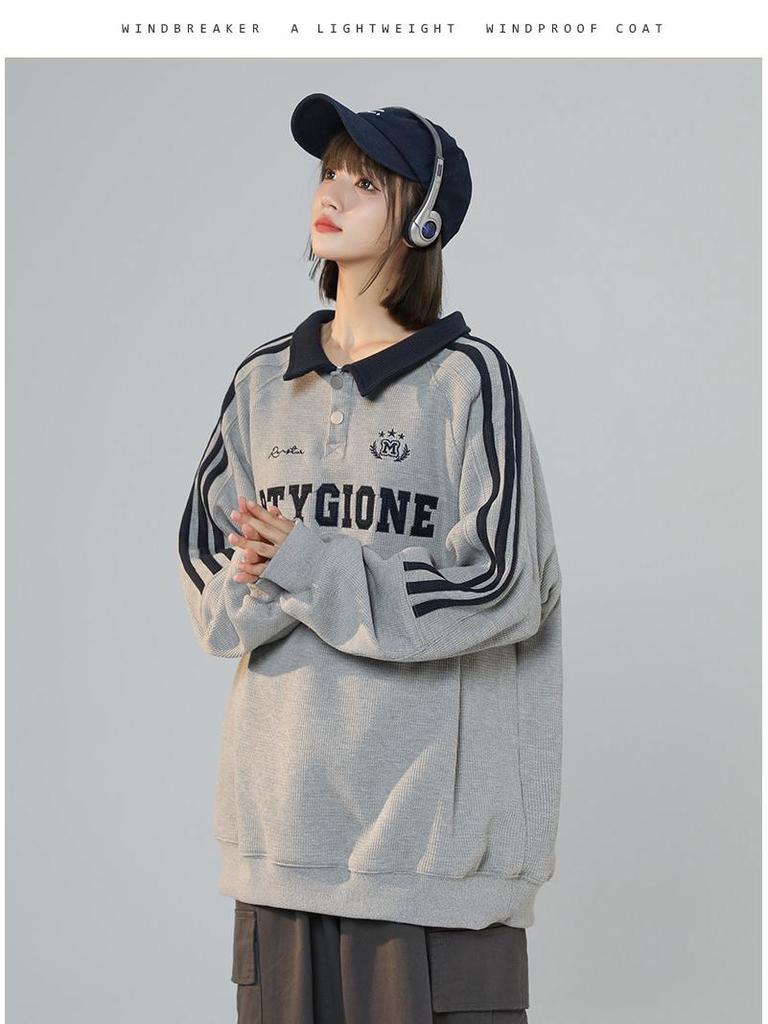 Женский серый свитшот с вышивкой и воротником поло - Свободный крой оверсайз, Тренд весна/осень 2025