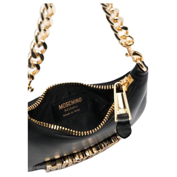 Moschino С логотипом Съемная цепочка-ручка Застежка-молния Сумка-тоут из телячьей кожи Наплечная сумка Женские сумки Черный A757980243555