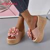 Fashion Aphixta Summer 9cm Wedge Heels Slippers Women Big Pearl Bead Flowers Cow Suede Bow Mulers 4cm Platform Sandals Clog Shoes Slides