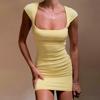 Past Bo'yinli Slim Asosiy Oqshom Elegant Ko'ylak Xonim Yozgi Qisqa Yengli Yuqori Bel Qindagi Ko'ylak Ayollar Yozgi Plyaj Partiyasi Kundalik Bodycon Mini Ko'ylaklar Ayollar