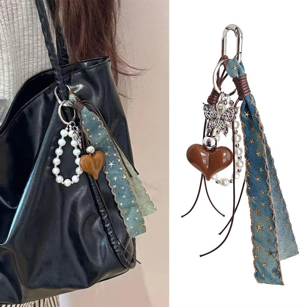 Pearl Bag Pendant Cowboy Ribbon Bag Charm Y2K Style Love Heart Pendant  Fashion Accessories