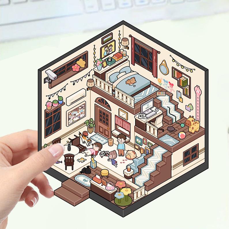 Cartoon Landscape Stickers Multiple Miniature World 3D Hut Unzip DIY Scene Manual Post