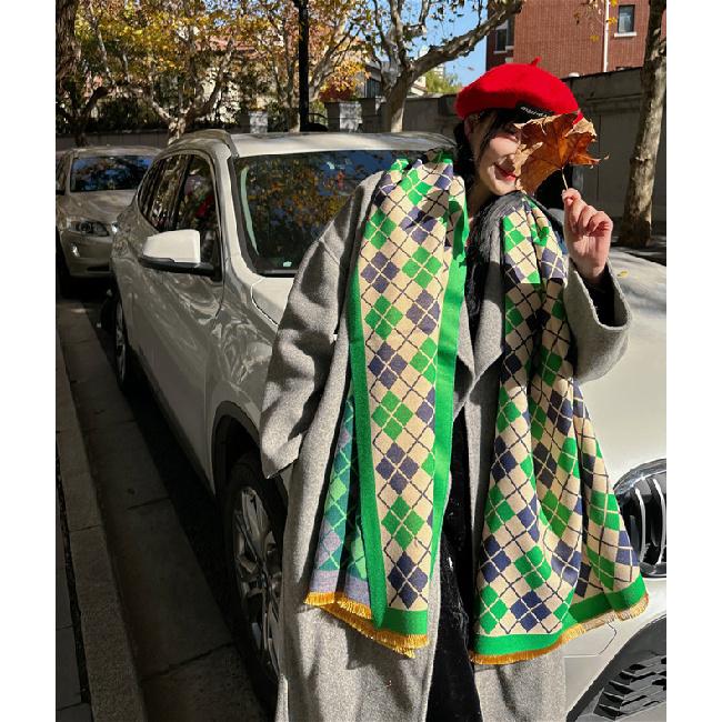 2024 Autumn/Winter New Color Blocked Imitation Cashmere Women'S Tassel Shawl Thickened Warm Double Sided Jacquard Wool Scarf