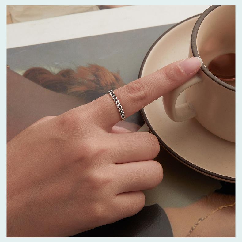 S925 Sterling Silver Cuban Chain Open Ring, Personalized Vintage Chain Adjustable Ring Jewelry