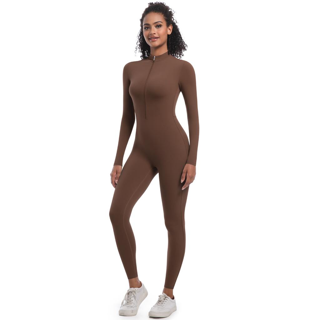 Комбинезон для йоги с длинными рукавами на молнии телесного цвета, быстросохнущий и облегающий, высокопрочный комбинезон для бега и фитнеса для женщин
