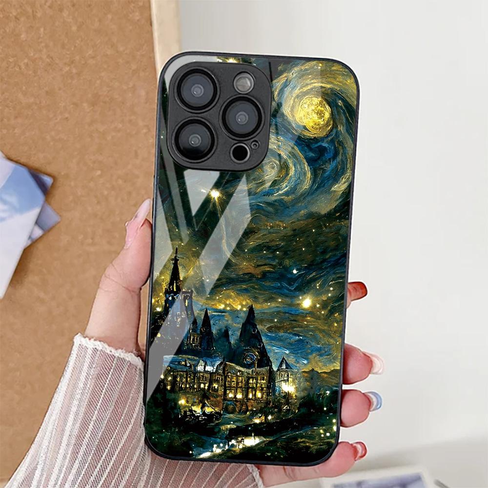 Закаленное Стекло Чехол Для Телефона Для iPhone 17 Pro Max 13 11 16 14 15 12 17 Air 16E XR X Xs 7 8 Plus Ударопрочный Чехол Масляная Живопись