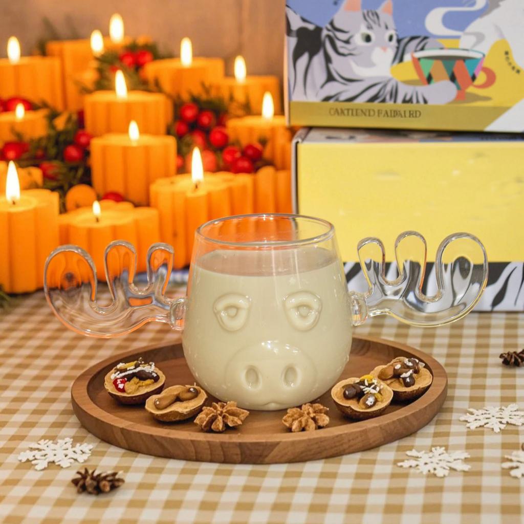 Рождественская сестра Прозрачная чашка из высокоборосиликатного стекла - Чашка в форме оленя с рогами - Рождественская кружка из высокоборосиликатного стекла - Прозрачная - 325 мл