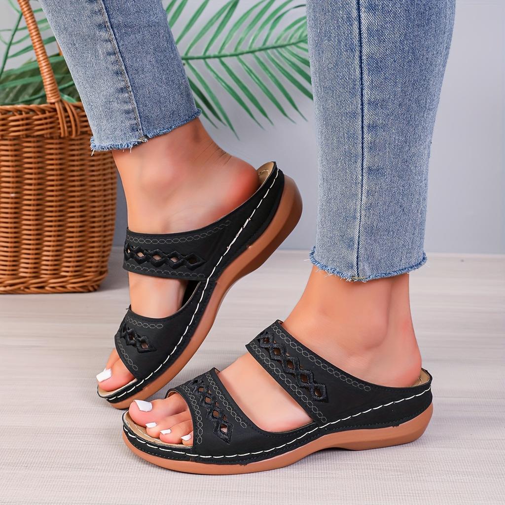 Women's Solid Color Sandals, Slip On Open Toe Double Bands Non-slip Soft Wedge Slides Shoes, Summer Comfy Shoes