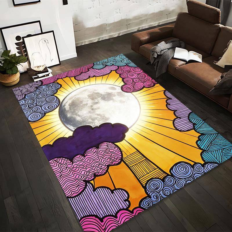 Colorful Moon Design Carpet with Vibrant Clouds and Sun Rays Pattern Suitable for use as an anti-slip for living room bedroom sofas