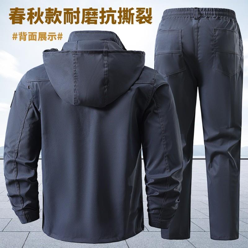 Mens Outdoor Workwear Set Windproof Camo Hooded Jacket Pants Fall Two-Piece Suit Hiking Camping