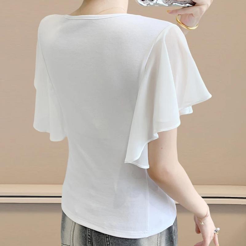 Summer Women's European T-Shirt Sexy O-Neck Hollow Out Hot Diamonds Design Tops Ladies Chic Short Sleeve Slim Tees