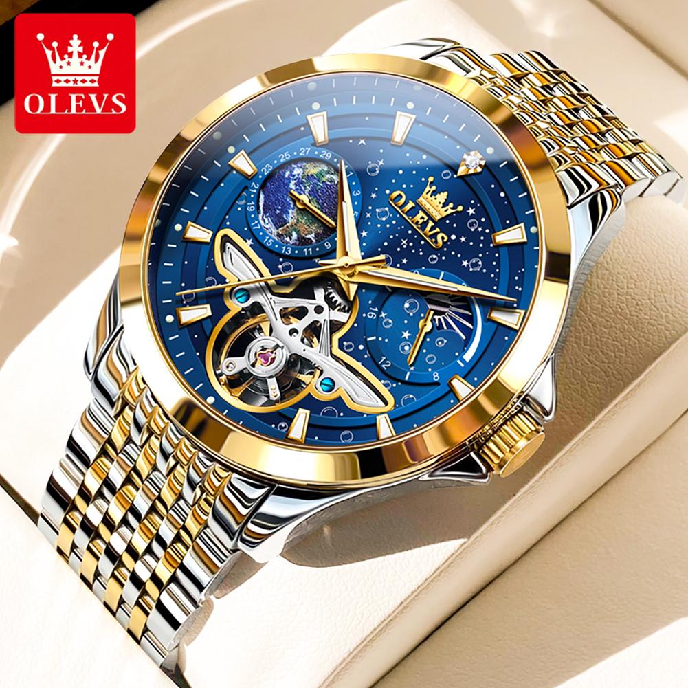 OLEVS Luxury Men Automatic Mechanical Watch Starry Sky Blue Dial Tourbillon Hollow Wristwatch Stainless Steel Waterproof Watch