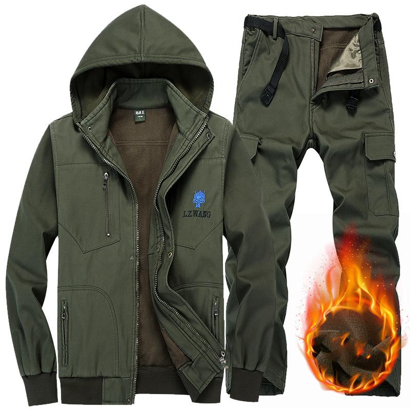 Мужской зимний уличный флисовый костюм с капюшоном, утепленный, топ с капюшоном + брюки, комплект из 2 предметов