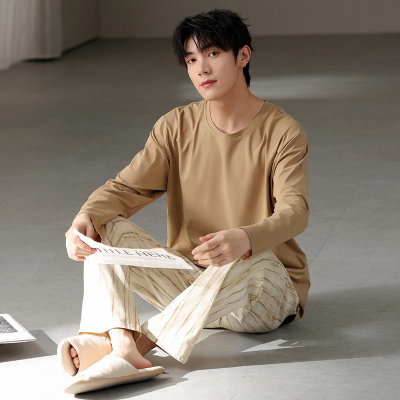 Тип Пижамный костюм из чистого хлопка на осень-зиму для мужчин с длинными рукавами из хлопка, комплект домашней одежды для мужчин, мягкая домашняя одежда для мужчин