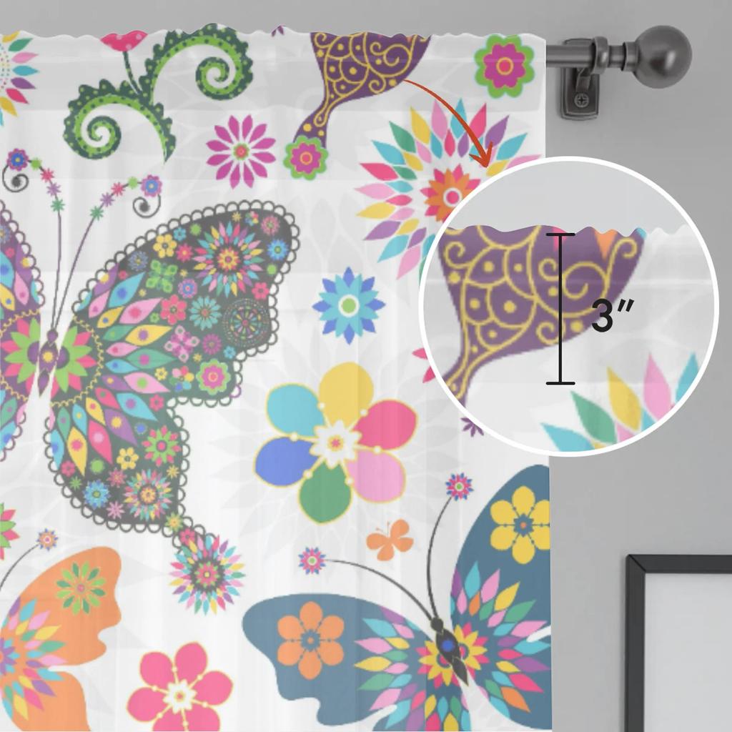 Herdesings Butterfly Sheer Tulle Curtains Flowers Chiffon Drapes 2 Panels Window Curtains for Living Room Bedroom Kitchen Decor