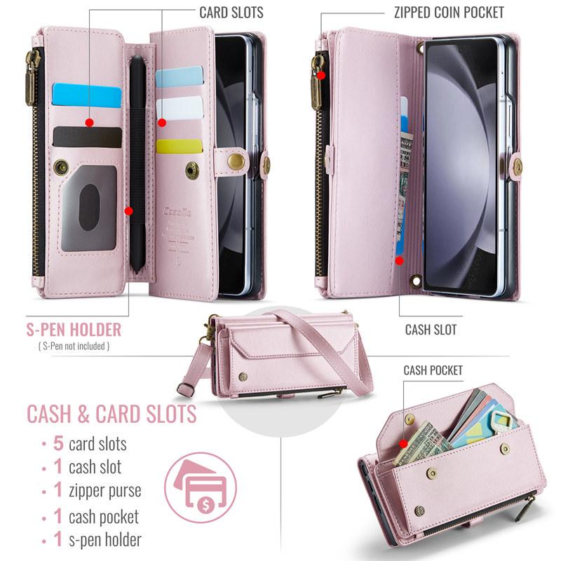 CaseMe Кожаный чехол-книжка для Samsung Galaxy Z Fold 7 5G 6 5 4 3 S26 Ultra S25 Edge S24 FE S23 S22 S21 S20 Plus Note 20 Кошелек на молнии Чехол-кардхолдер