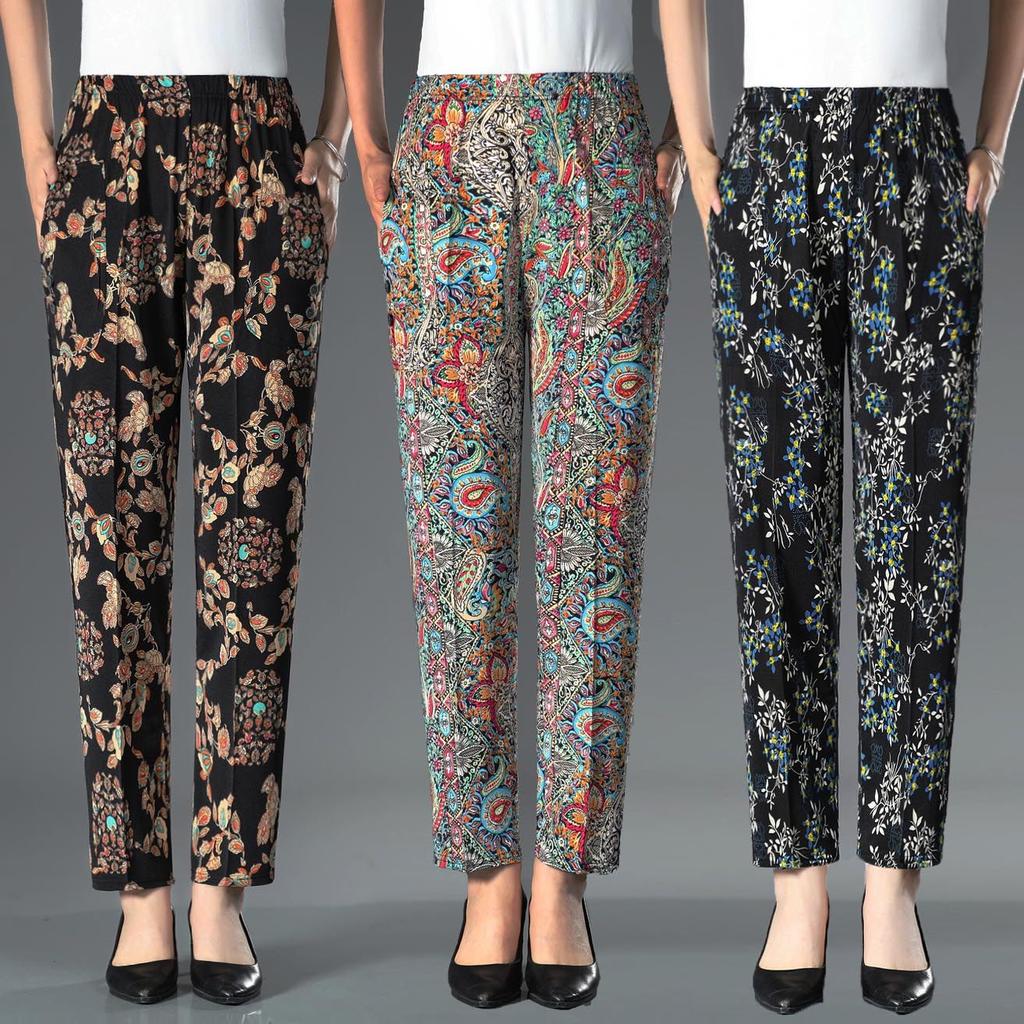 Летние брюки с цветочным принтом для женщин среднего и пожилого возраста. Эластичные брюки с высокой талией и цветочным принтом больших размеров для женщин среднего возраста.