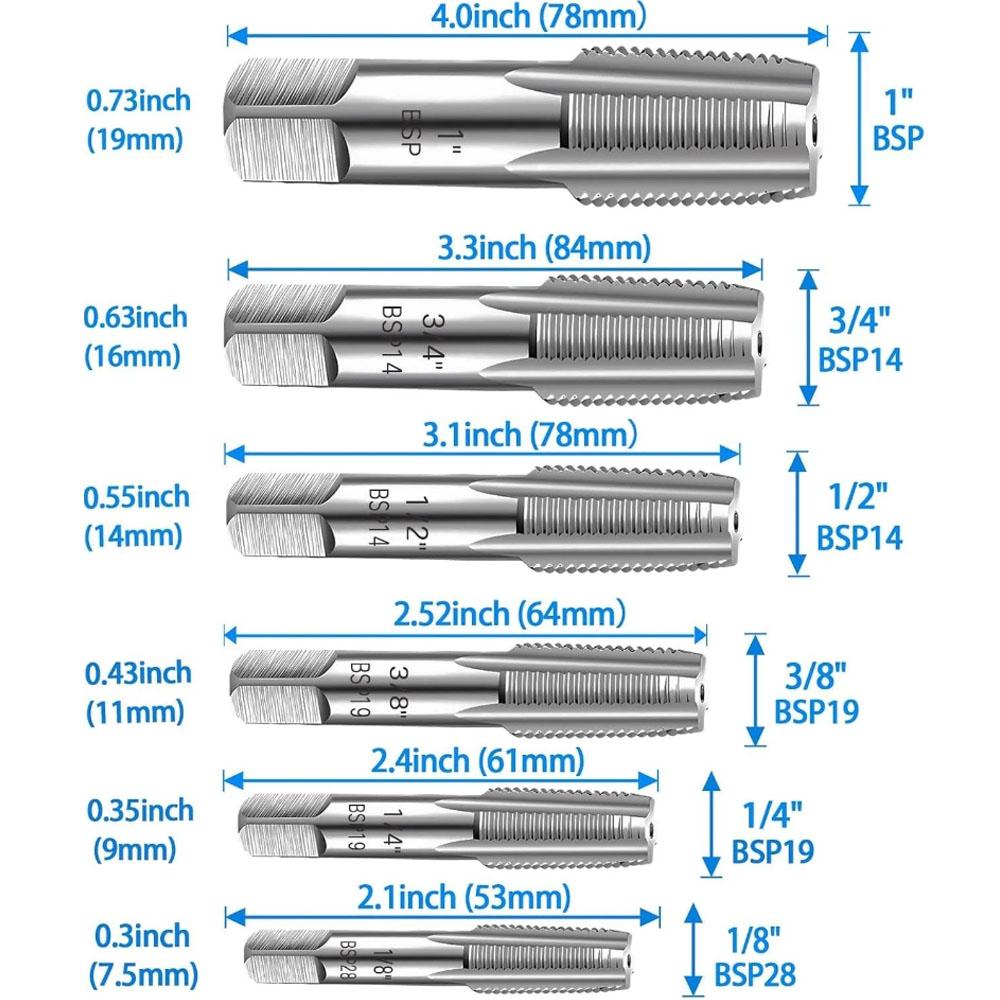 Набор из 6 метчиков BSP для труб, 1", 3/4", 1/2", 3/8", 1/4", 1/8" BSP, набор метчиков, герметичный, набор углеродистых метчиков для сантехники, автомобилестроения