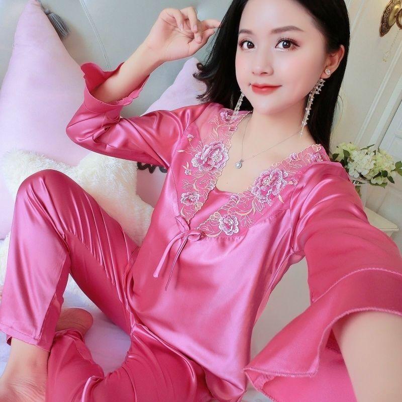 Кавайная одежда из ледяного шелка для женщин, пижамные комплекты большого размера с длинным рукавом, комплекты кружевной одежды для дома, корейские пижамы для весны и осени