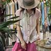 1116 summer new women's lapel Japanese ramie shirt loose shirt top cardigan literary style contrasting color painting