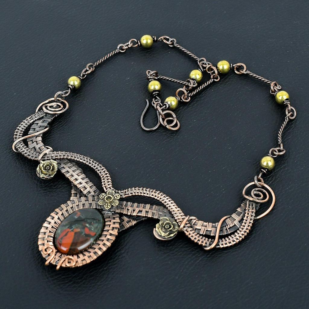 Bloodstone Necklace, 999 Copper Wire Wrapped Jewelry, Gemstone Jewelry Adjustable Chain Necklace, Handmade Wedding Gift Jewelry
