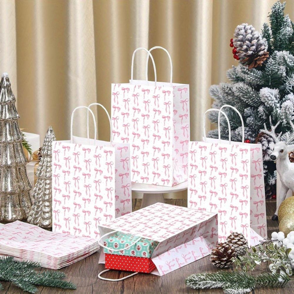 16pcs Pink Bow Paper Gift Bags with Handle Treat Bags Packaging Bag Party Favor Bags Handbag for Party Wedding Birthday