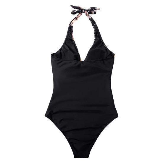 Women Sexy Monokini Halter Sleeveless One Piece Swimsuit Patchwork Color Backless Tummy Control High Waisted Bathing Suit