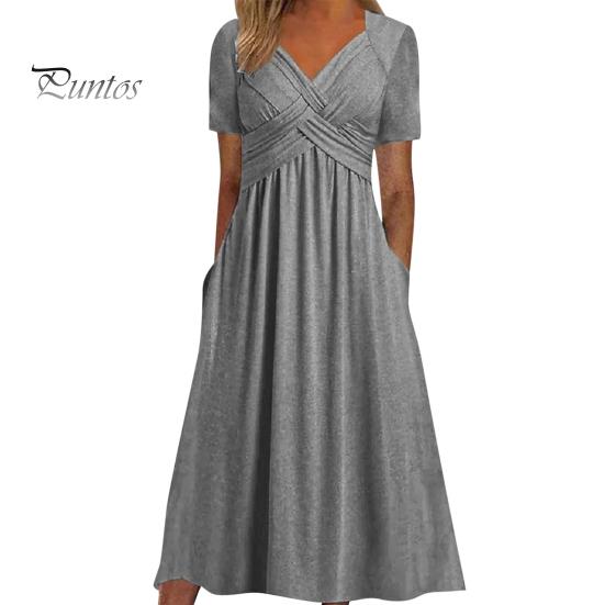 Женское летнее платье с плиссированным ремешком и V-образным вырезом с короткими рукавами, однотонное платье с карманами трапециевидной формы со свободным подолом, дышащее мягкое платье миди для свиданий