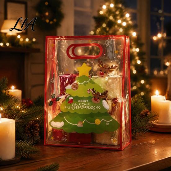 Reusable Present Holders Christmas Gift Bags with Handles, Clear PP Treat for Party Favors Candy Apples Cookies, Holiday Favor Packaging Ribbon Bow