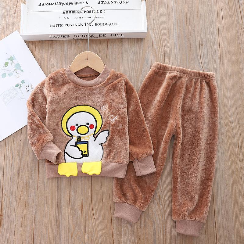 Children's Autumn and Winter Pajamas with Cartoon Bear Flannel Set of Home Clothes