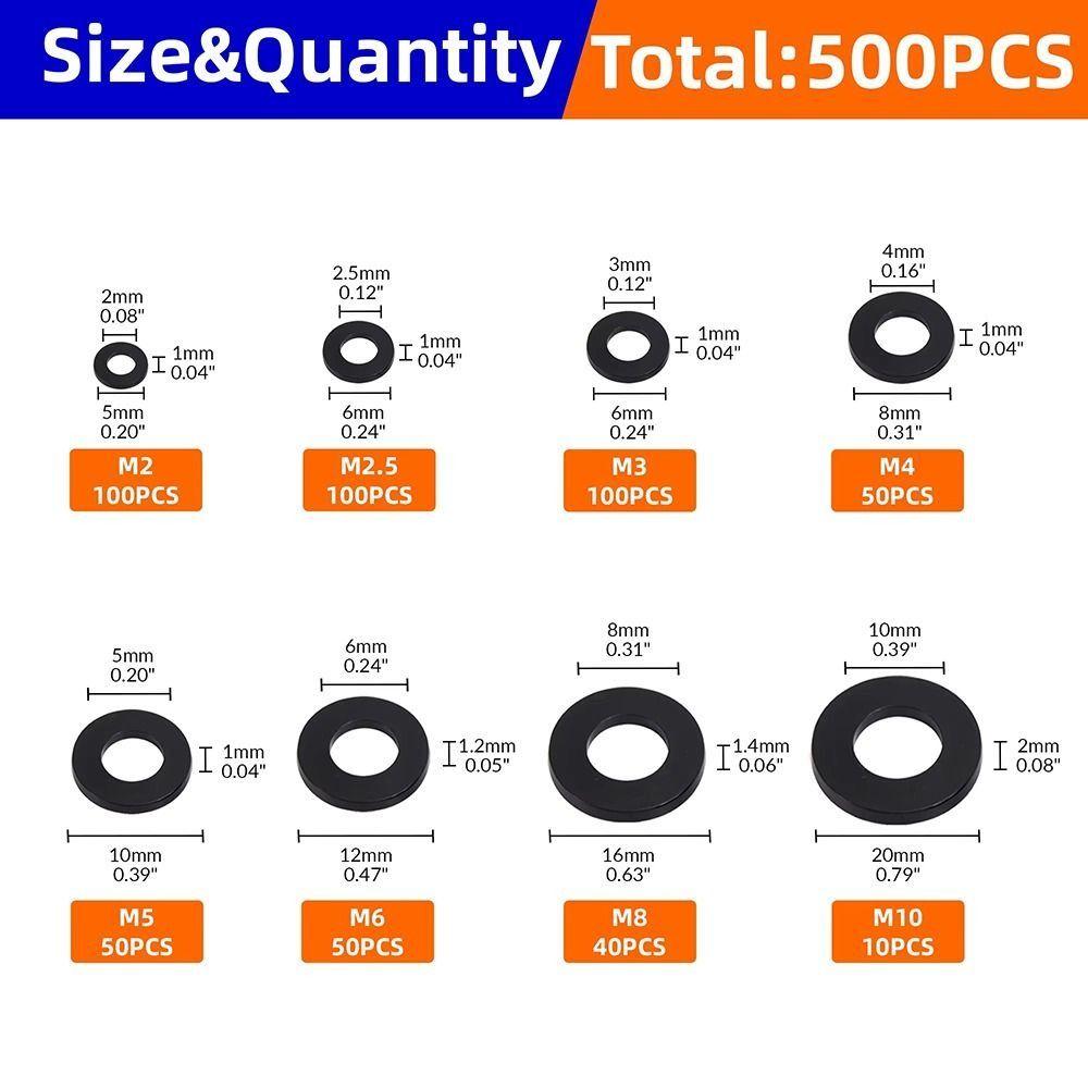 500Pcs Flat Nylon Washer 8 Sizes Insulation Gasket Ring Durable Plane Spacer