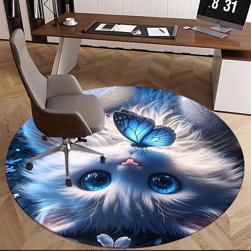 1pc Anime Design Round Carpet Blue Butterfly on White Cat with Big Eyes, Office Chair Mat, Non Slip Rug for Home Decor, All Seasons