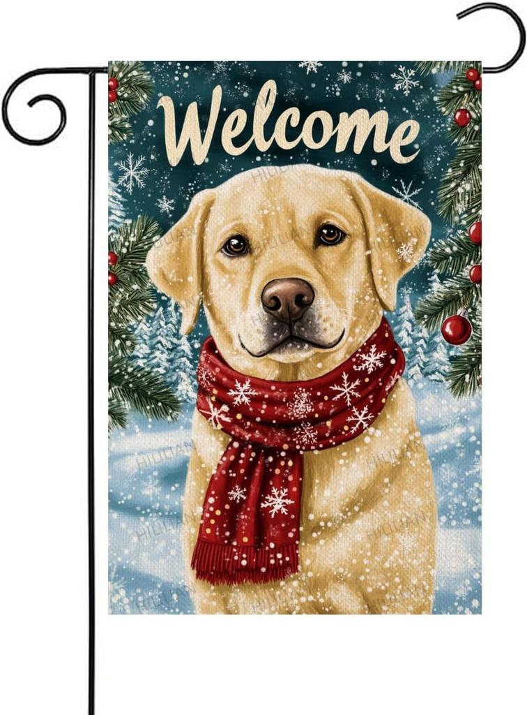 Welcome Winter Yellow Labrador Dog Garden ag 12x18 Vertical Double Sided Farmhouse Trees Snow Christmas Holiday Outside De EEZ