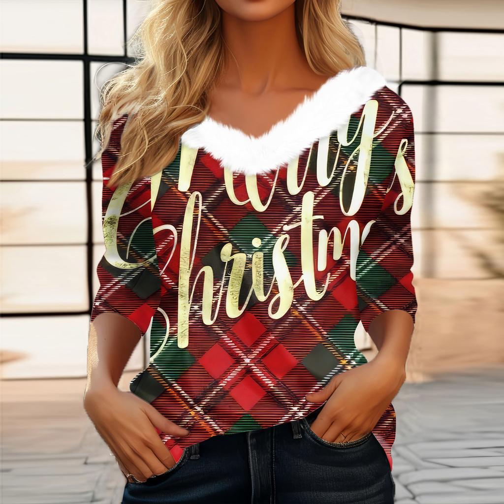 Женская мода с длинным рукавом и рождественским принтом, праздничный воротник, V-образный вырез