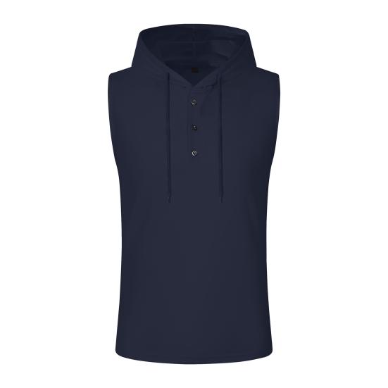 Men Vest Hooded Drawstring Sleeveless Tops Solid Color T-Shirt with Wide Shoulder
