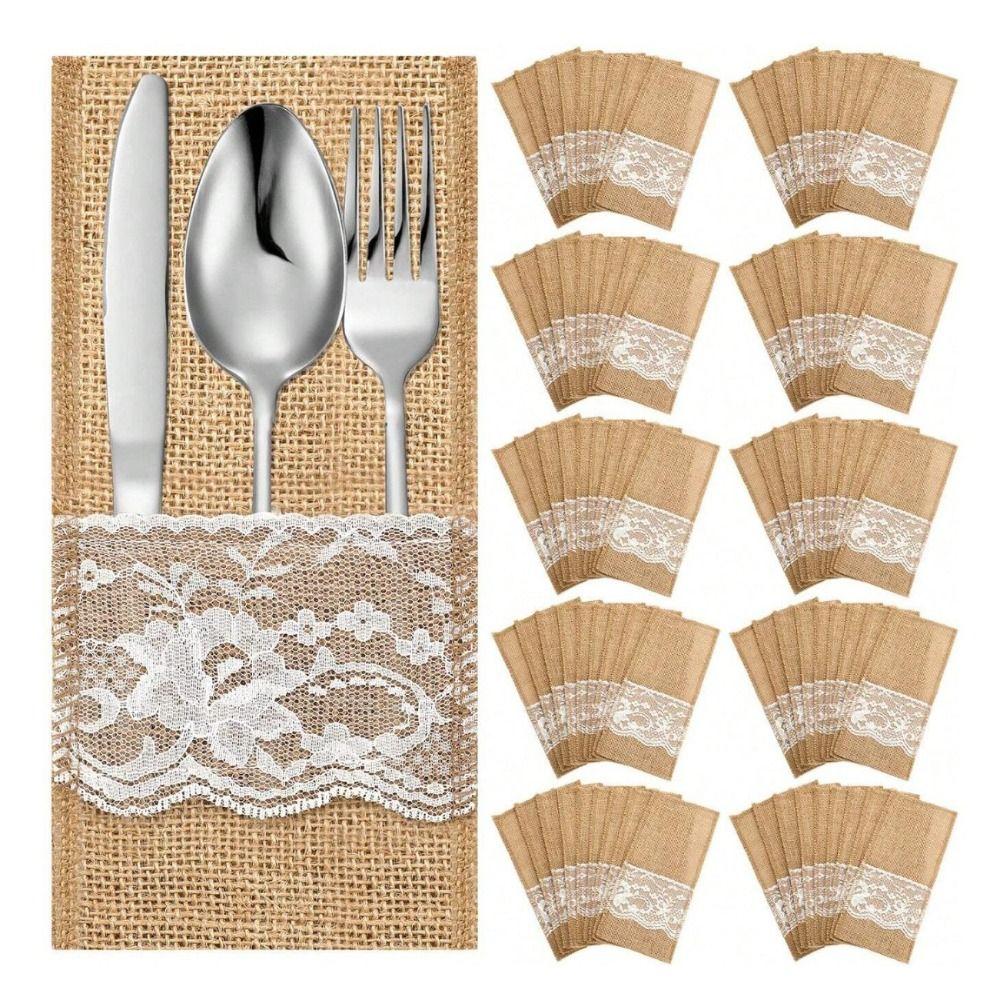 Lace Flowers Burlap Lace Cutlery Pouch Table Decoration Accessories  For Wedding Party Supplies
