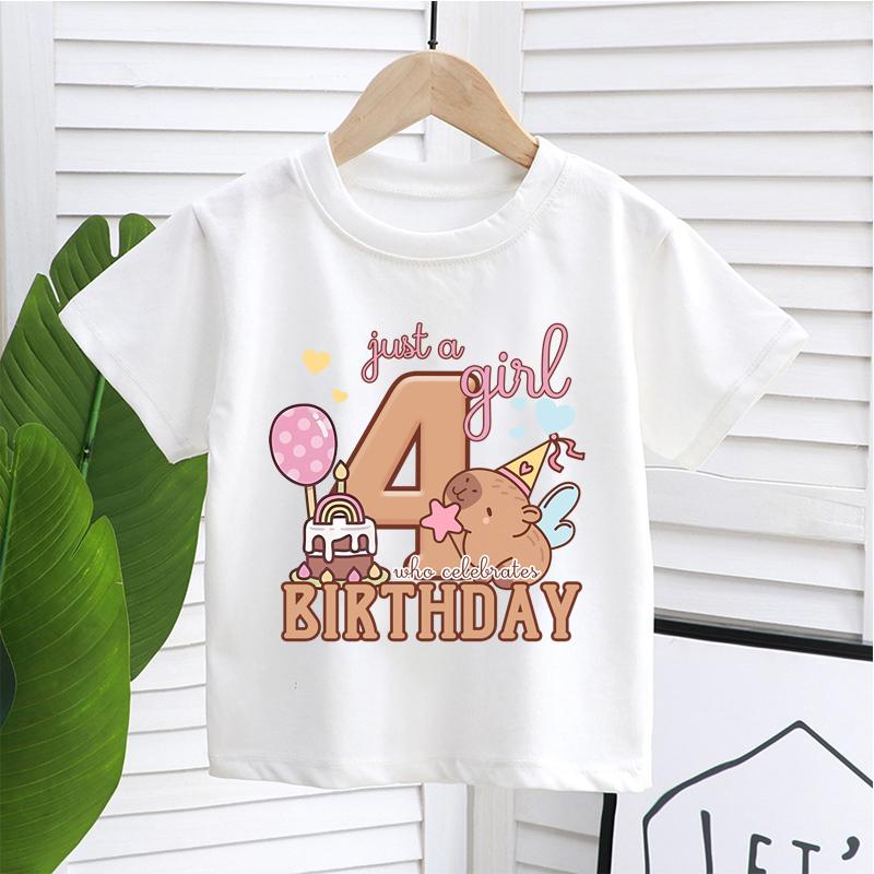 Футболка с рисунком капибары для девочек на день рождения, футболка с коротким рукавом и цифрами для детей, летние детские футболки, симпатичная одежда для малышей Capy